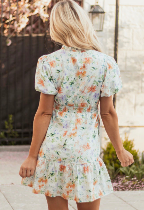 Beige Floral Print Shirred High Waist Puff Sleeve Mini Dress