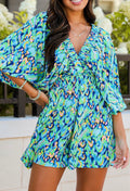 Green Abstract Print Puff Sleeve V Neck Romper