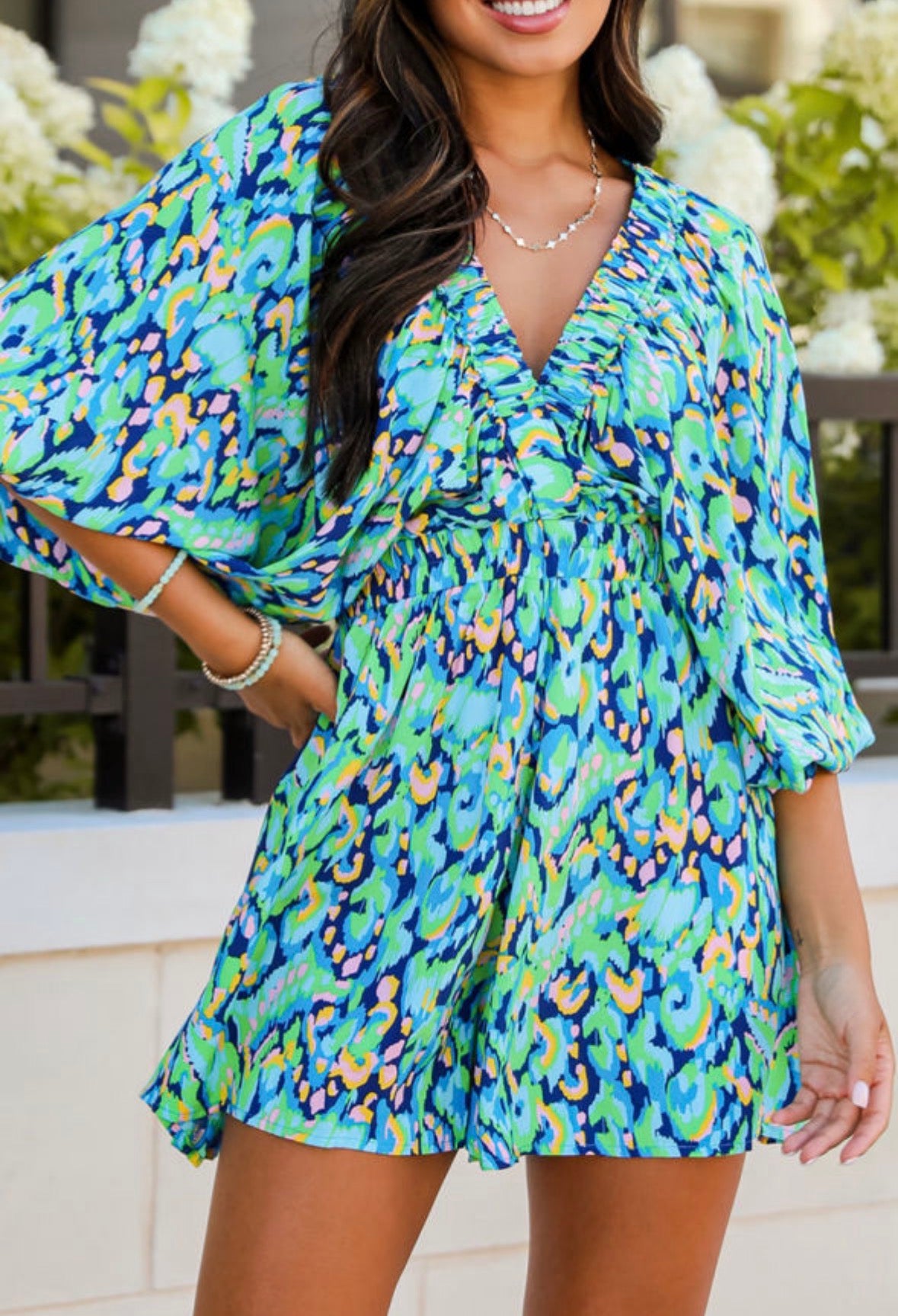 Green Abstract Print Puff Sleeve V Neck Romper