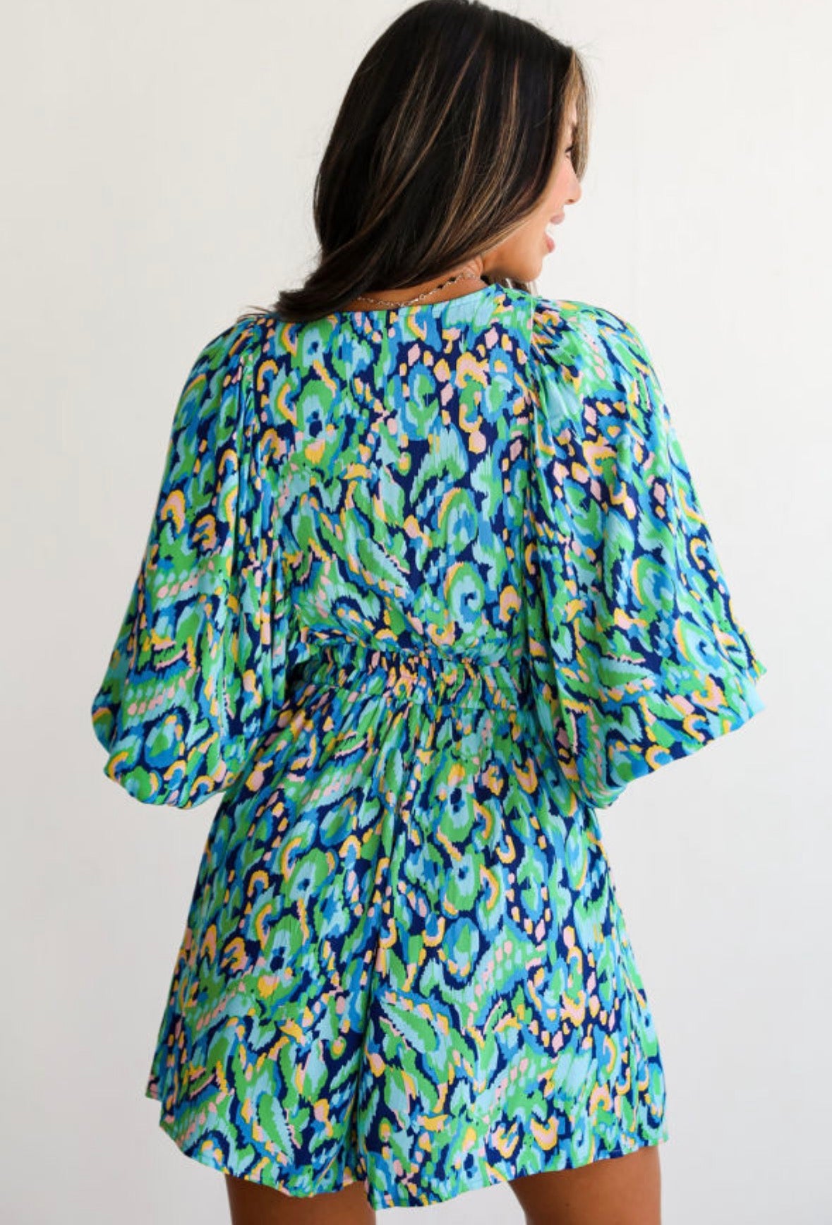 Green Abstract Print Puff Sleeve V Neck Romper