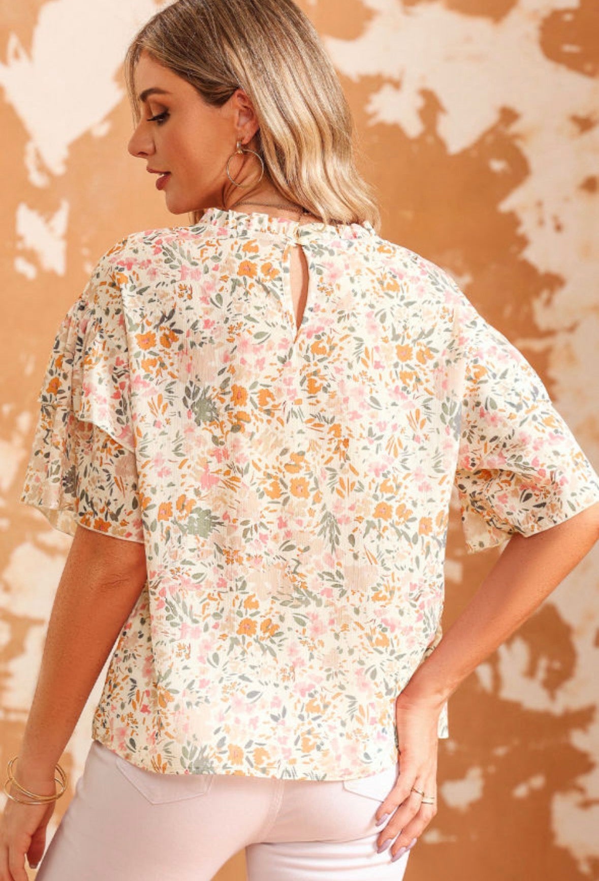 Multicolor Floral Print Wide Ruffle Sleeve Shirt