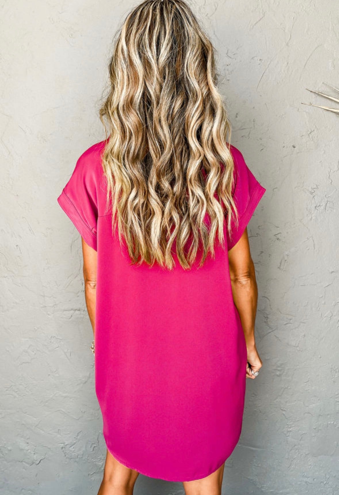 Hot Pink Buttoned Collar Silky T shirt Mini Dress
