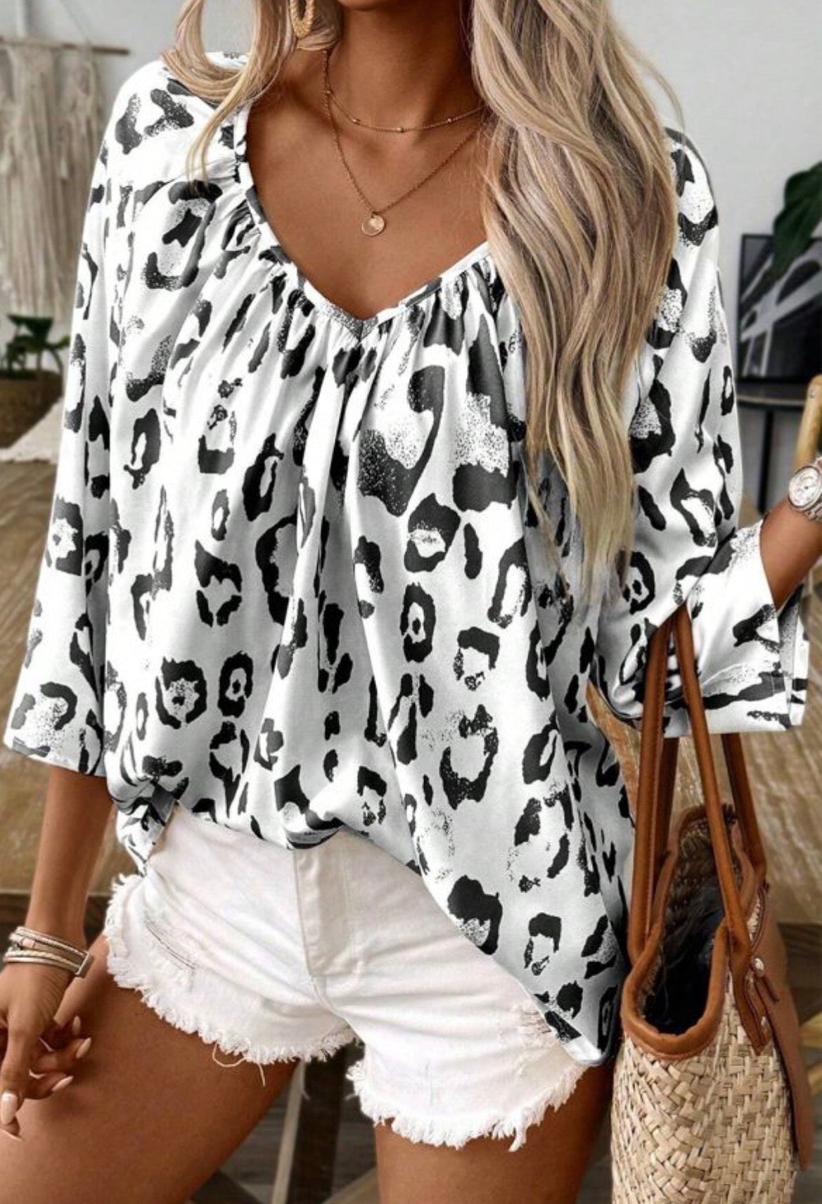 Black Leopard Print V Neck