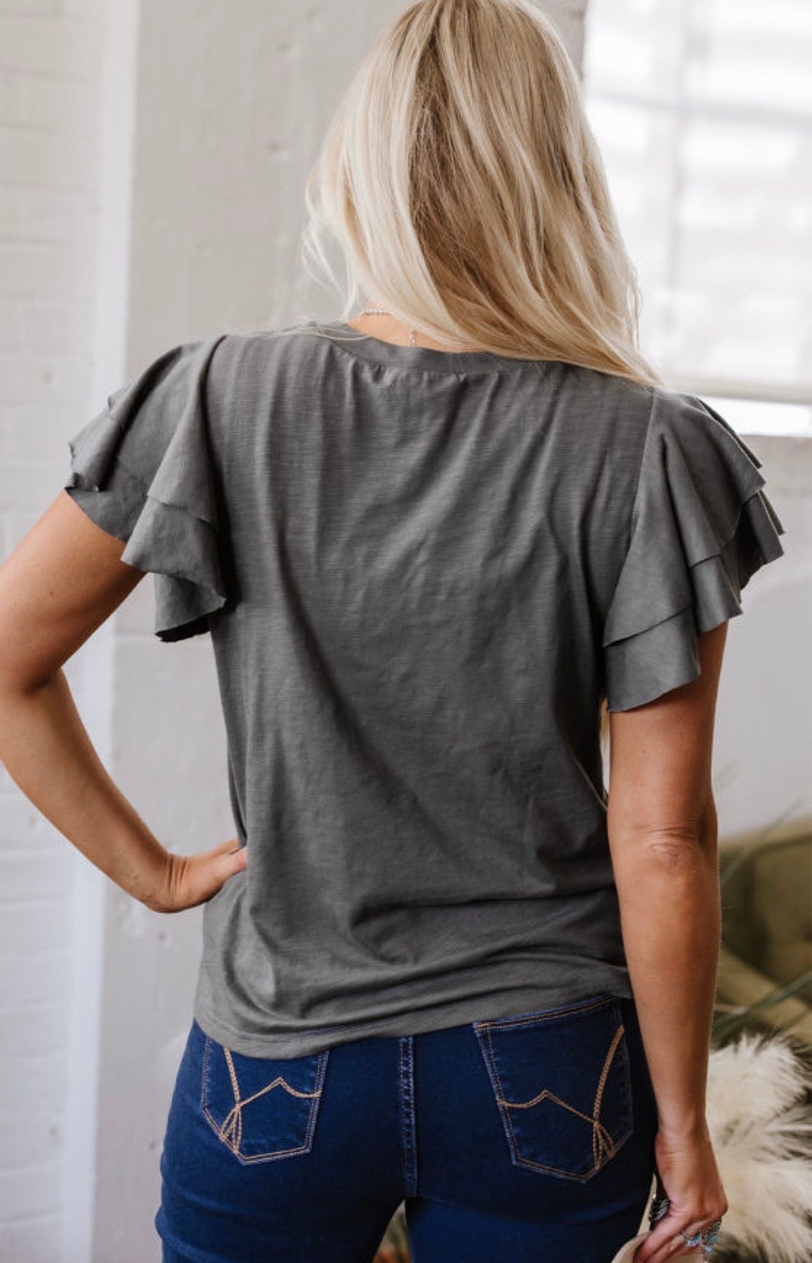 Dark Grey Layered Ruffle Sleeve T shirt