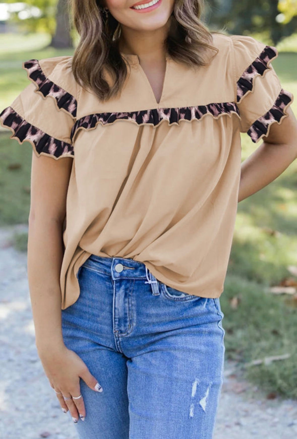 Light Brown Leopard Ruffle Sleeve Shirt