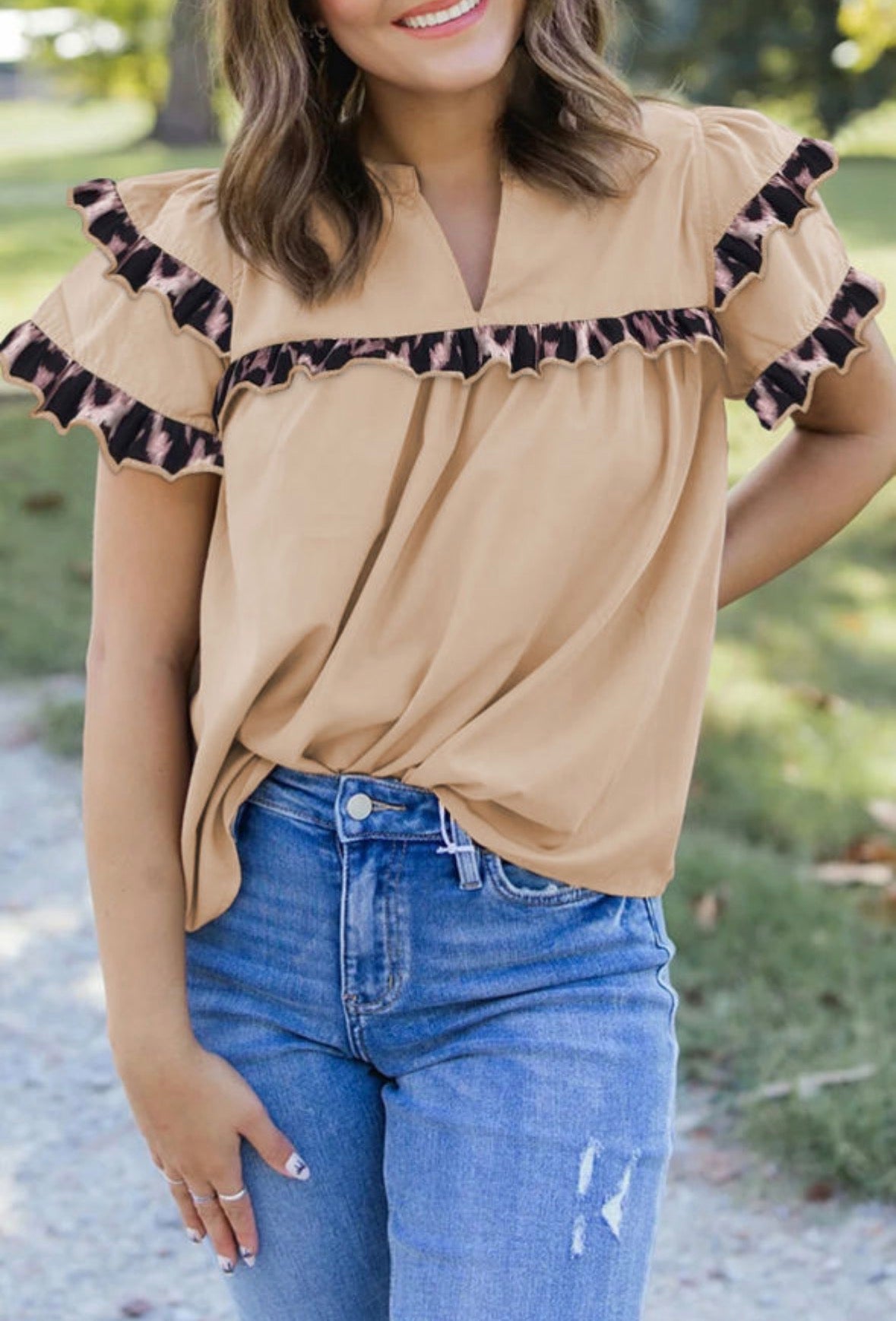 Light Brown Leopard Ruffle Sleeve Shirt