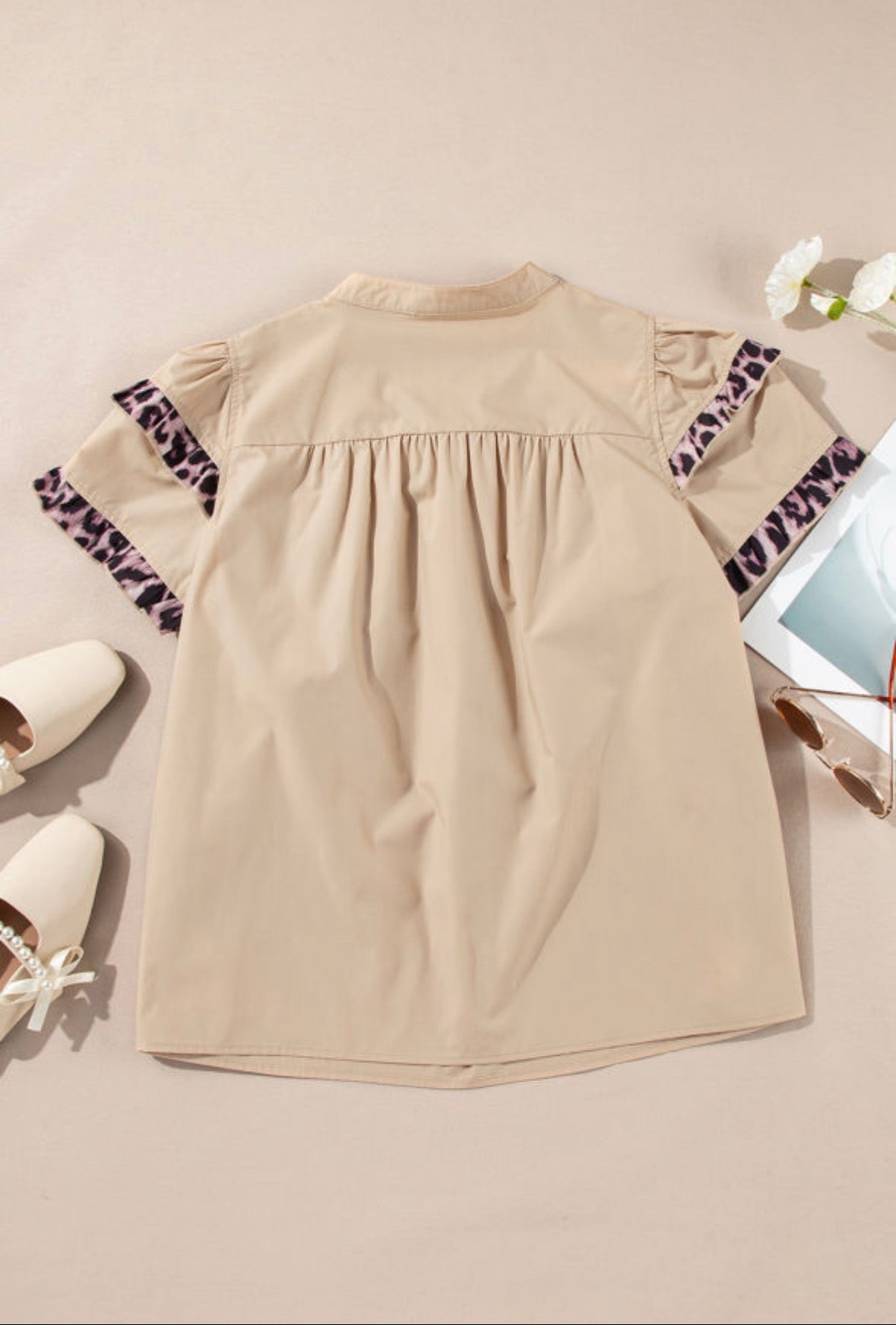 Light Brown Leopard Ruffle Sleeve Shirt